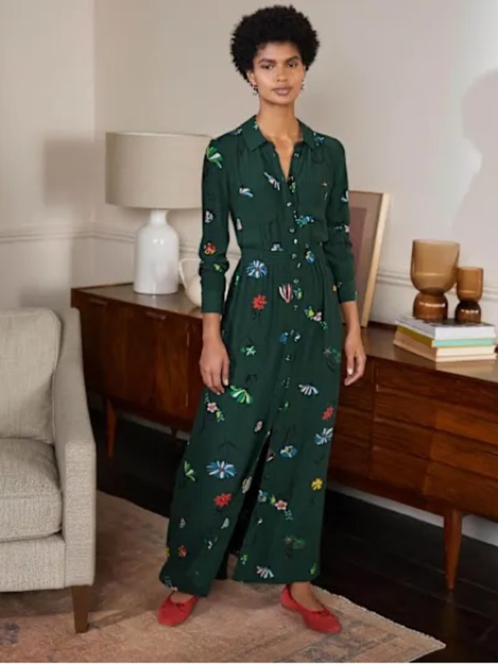 Boden Forest Green Floral Trim Maxi Dress